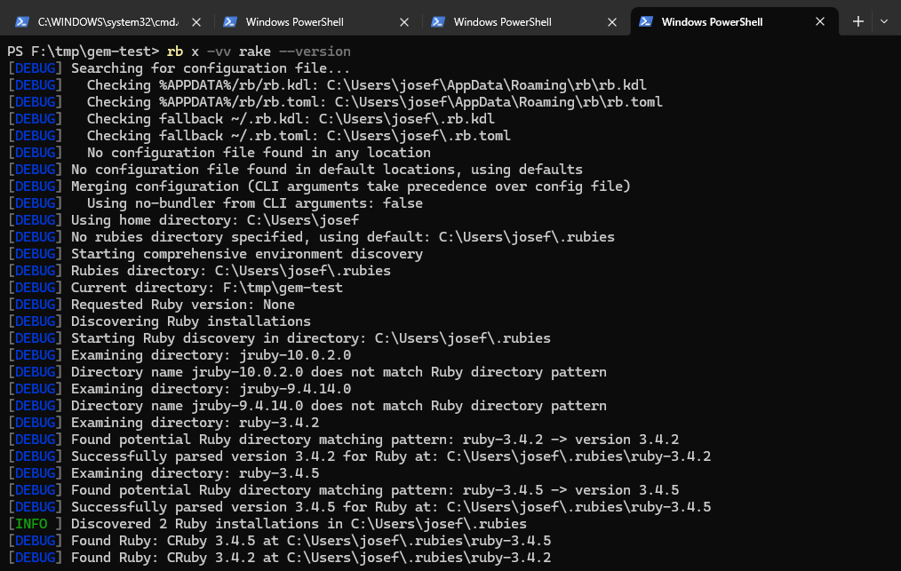 Ruby Butler can explain what's happening when asked via -v or -vv to be verbose.
