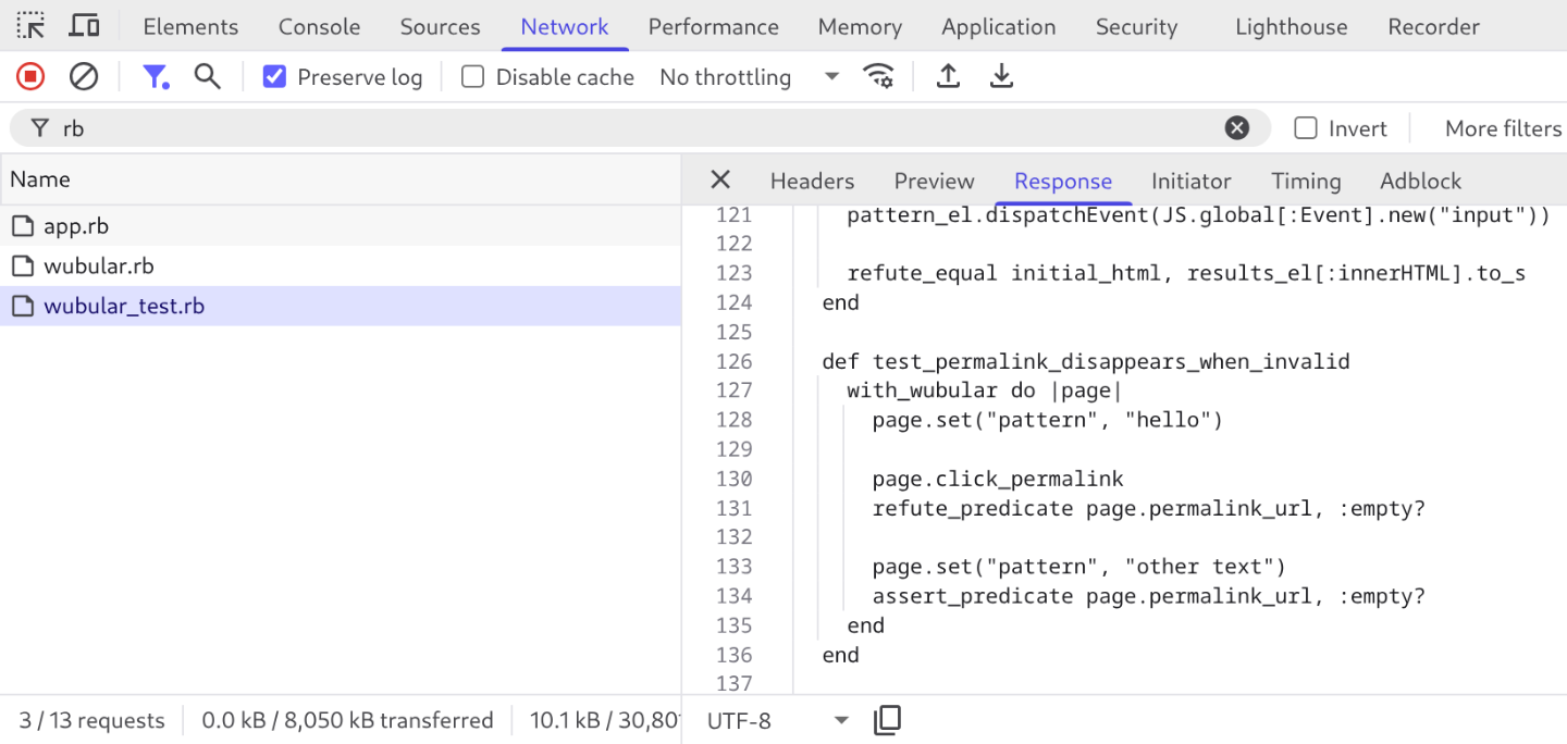 Wubular source code including tests in DevTools.